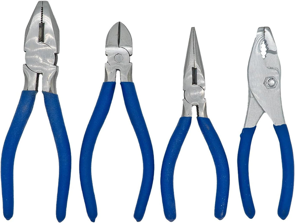 ULTRA STEEL 4-Piece Plier Set, Drop Forged C-1045, Fully Polished, Blue Alligator Handle, Includes 6" Diagonal, 6" Long Nose, 6" Slip Joint, 7" Linesman - MOTORHEAD & STEELHEAD Tools