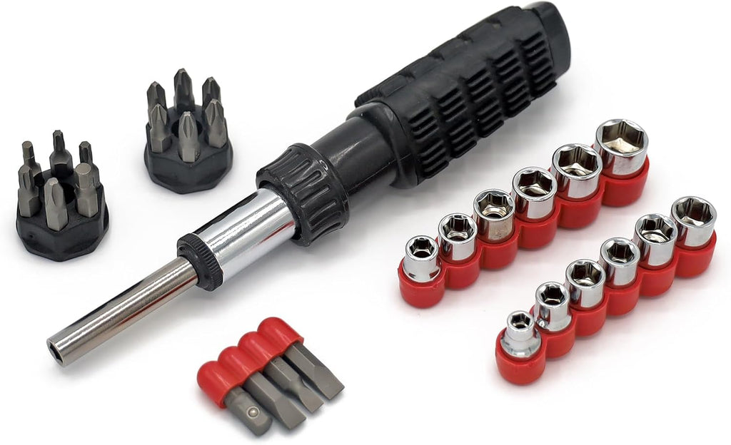 ULTRA STEEL 34PC Reversible Ratchet Wrench Driver Set with Bits and Sockets, CR-V Steel, Cushion Handle, Metric and SAE - MOTORHEAD & STEELHEAD Tools