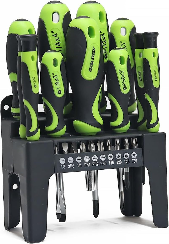 ULTRA STEEL 21pc Screwdriver and Bit Set with Plastic Storage Rack, 6 Screwdrivers, 10 Bits, 4 Precision Screwdrivers, Bit Holder - MOTORHEAD & STEELHEAD Tools