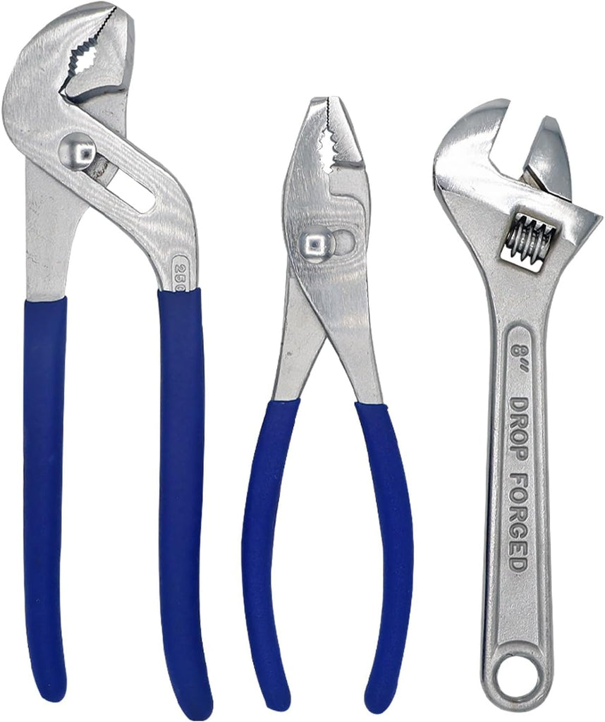 ULTRA STEEL 3-Piece Adjustable Wrench Set, 10 Inch Groove Joint, 8 Inch Slip Joint, 8 Inch Adjustable Wrench, Carbon Steel, Chrome Plated - MOTORHEAD & STEELHEAD Tools