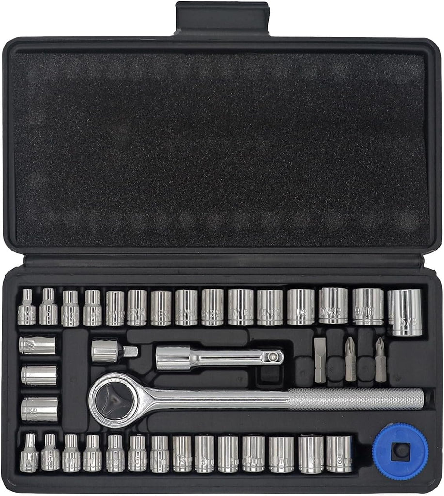 ULTRA STEEL 40-Piece Socket Set with Ratchet Driver, 1/4" and 3/8" Drive, Metric and SAE Sockets, Extension Bar, Blow Mold Case - MOTORHEAD & STEELHEAD Tools