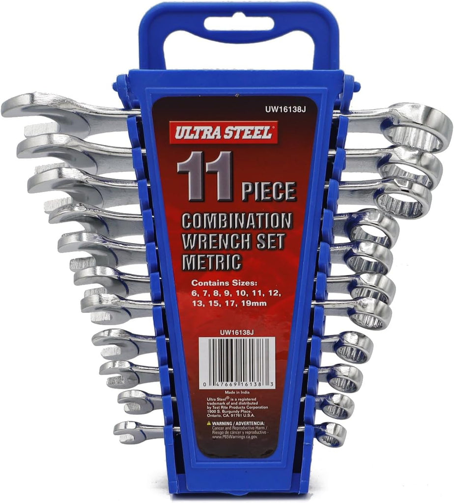 ULTRA STEEL 11-Piece Combination Wrench Set, Metric, 6MM, 7MM, 8MM, 9MM, 10MM, 11MM, 12MM, 13MM, 15MM, 17MM, 19MM, Wall Hanging Case Included - MOTORHEAD & STEELHEAD Tools