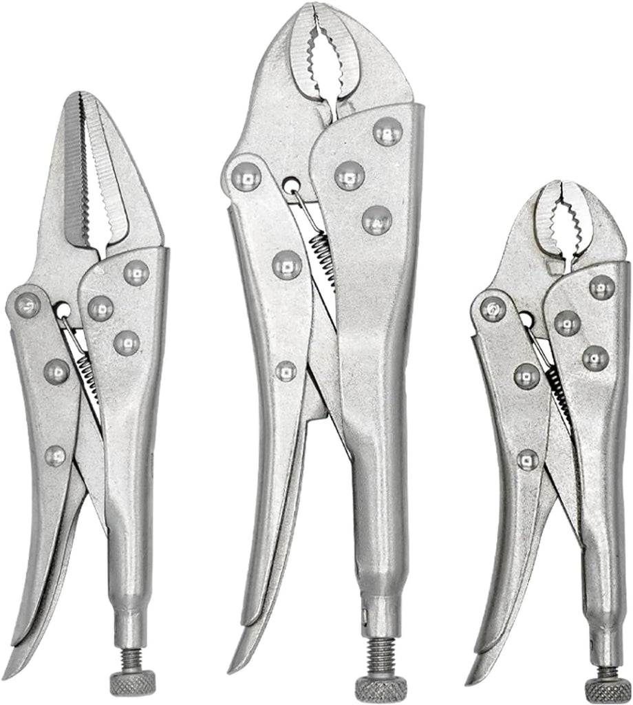 ULTRA STEEL 3-Piece Locking Plier Set, Carbon Steel Drop Forged Heat Treated, 5", 6-1/2", 7", Nickel Plated, Curved Jaw and Long Nose Jaw - MOTORHEAD & STEELHEAD Tools