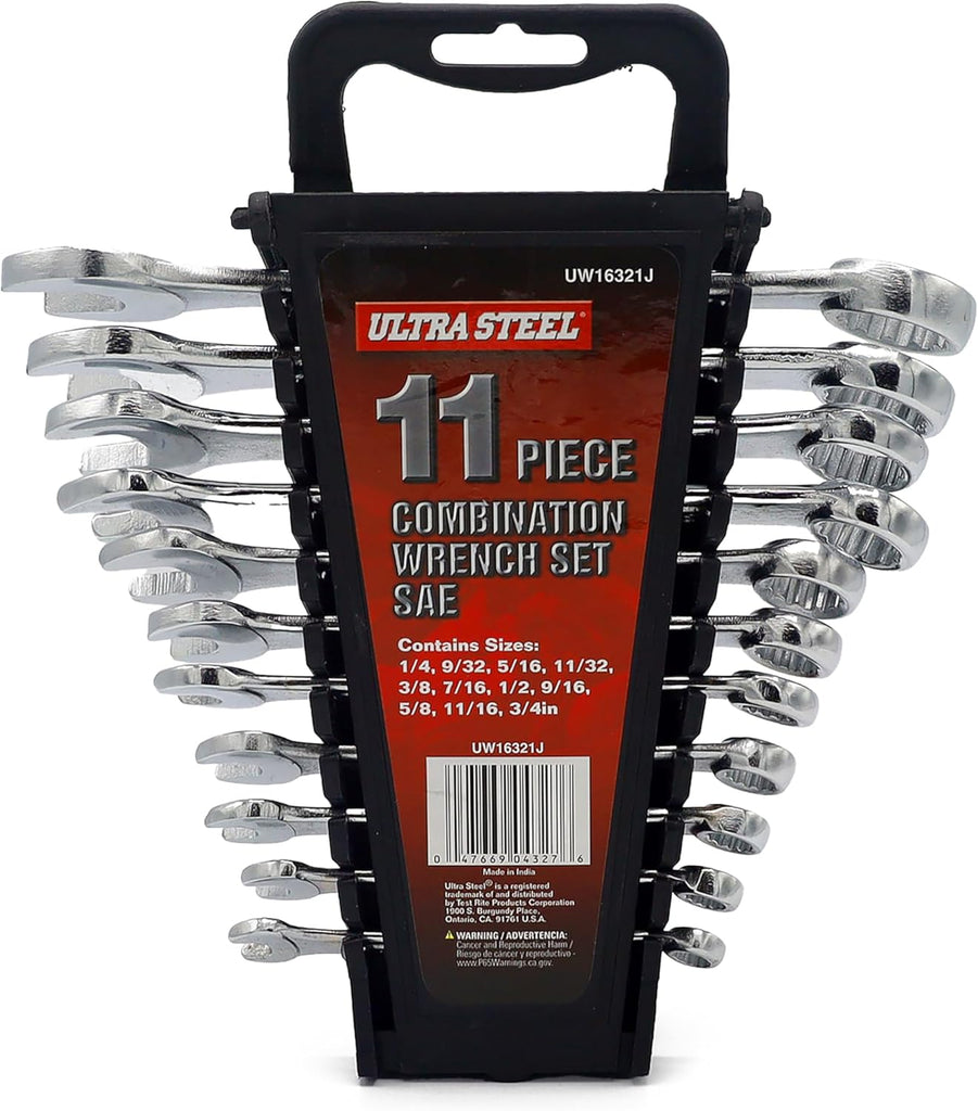 ULTRA STEEL 11-Piece Combination Wrench Set, SAE, 1/4" to 3/4", Chrome Finish, Wall Hanging Case - MOTORHEAD & STEELHEAD Tools