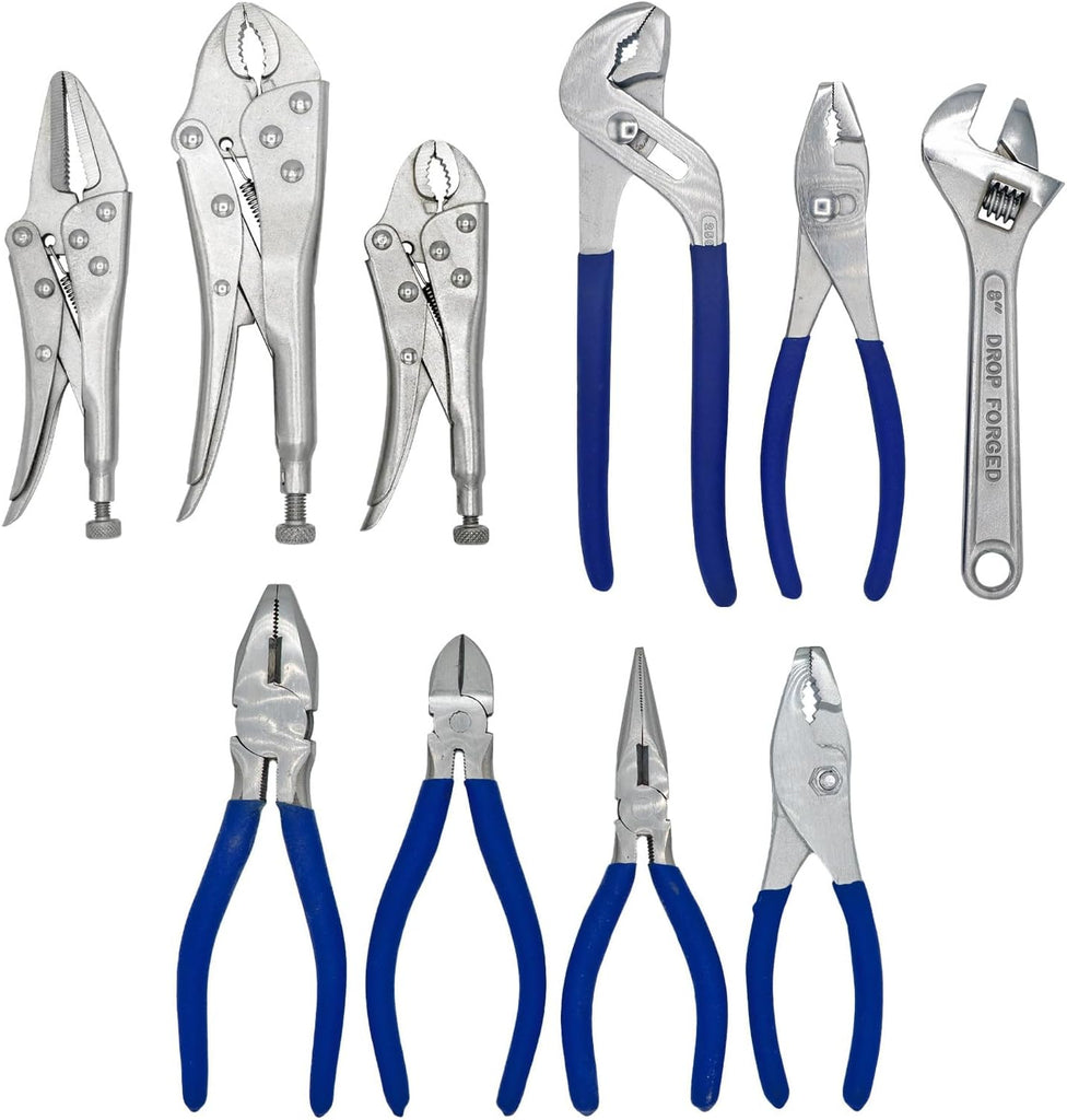 ULTRA STEEL 10 Piece Wrench and Plier Set, Heat Treated Carbon Steel, Locking Pliers, Vice Wrenches, Diagonal, Long Nose, Slip Joint, Lineman, Groove Joint, Adjustable Wrench - MOTORHEAD & STEELHEAD Tools