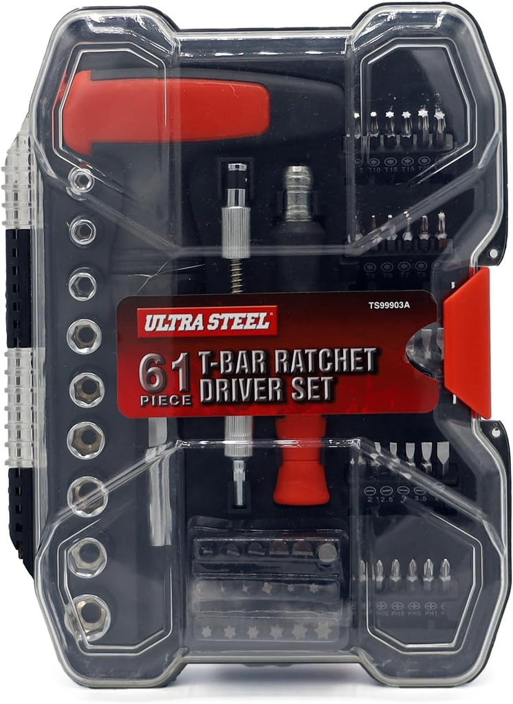 ULTRA STEEL 61-Piece T-Bar Ratchet Driver Set with Quick Change, Flexible Tube, CR-V Bits, Sockets, Storage Case - MOTORHEAD & STEELHEAD Tools